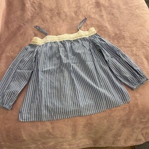 Blue Striped Off The Shoulder Women's Blouse with Lace Detail